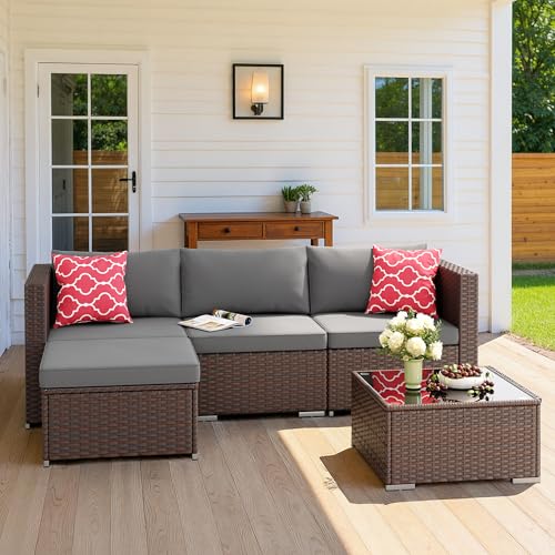 Aiho 5 Pieces Patio Furniture Set All-Weather Outdoor Wicker Sectional Patio Furniture with Cushion and Glass Table (Grey) - Image 4