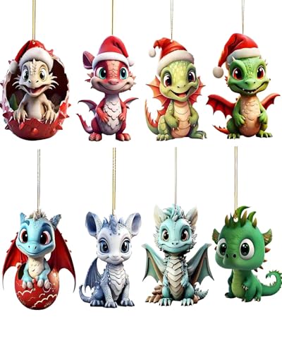 PILUZEAT Drachen Figuren Weihnachtsschmuck Anhänger für Weihnachtsbaum, Wreath, Tür, Fenster, Auto, Rick Spiegel - 2D Acryl Dekoration - 8 Stück
