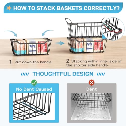 Image of SUNALLY Freezer Organizer Bins, 4 Pack Stackable Chest Freezer Organizer for 5-7 Cu.FT Deep Freezer Sort Frozen Meats and Food, Freezer Storage Baskets with Handles Easy Reach from Bottom, Black