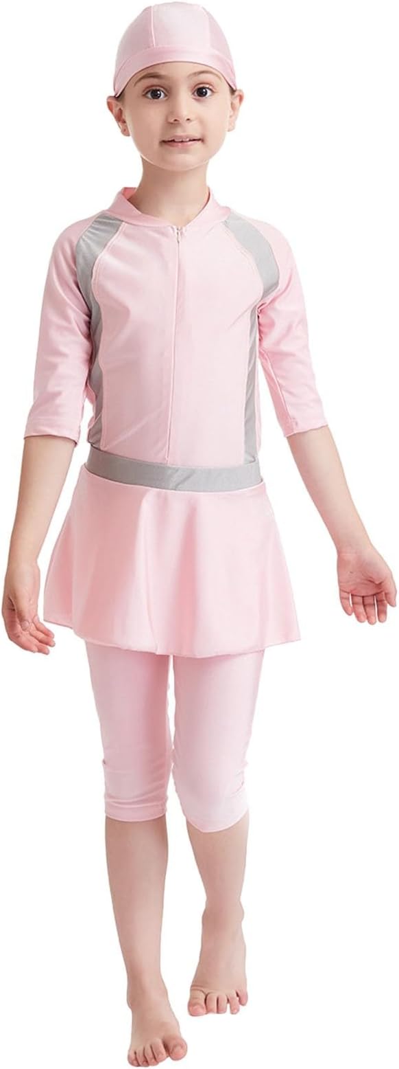 Girls Full Body Swimwear, Long Sleeve Swim Dress with Skirt, Swim Dress for Muslim Kids