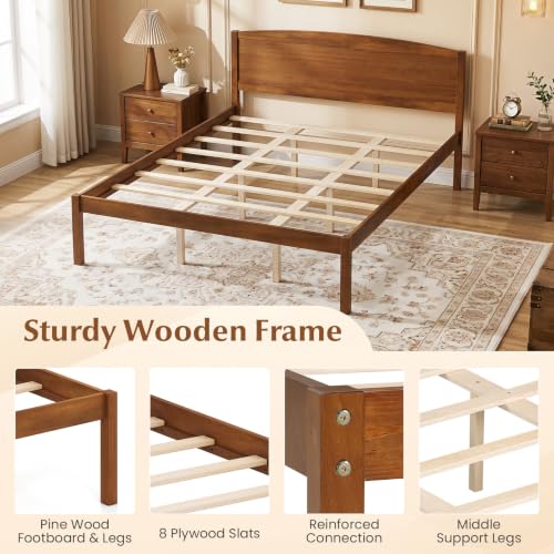 Image of GIANTEX Queen Size Wooden Bed Frame w /Curved Headboard, Wood Slat Support | Farmhouse Platform Bed w /Heavy Duty Mattress Foundation, Under-Bed Storage Space, No Box Spring Needed, Easy Assembly