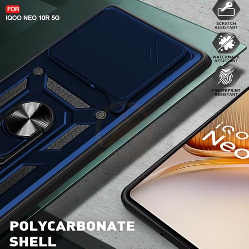 Image of Armor Bumper Back Cover Case for iQOO Neo 10R 5G Rotating Camera Cover, Ring Holder & Kickstand | Heavy Duty & 360 Degree Protection iQOO Neo 10R 5G Back Cover (Blue)