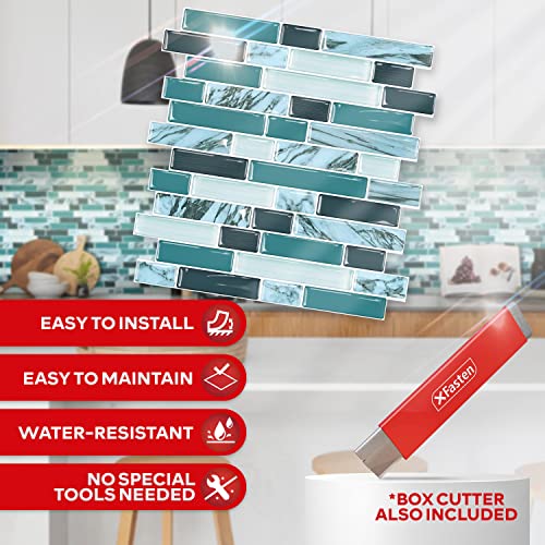Xfasten Kitchen Backsplash Sticky Tiles 10Pcs 12” X 12” W/Mini Cutter Teal Peel And Stick Tile Backsplash For Kitchen, Shower, And Bathroom | Waterproof Back Splashes For Kitchens Peel And Stick #TOP1