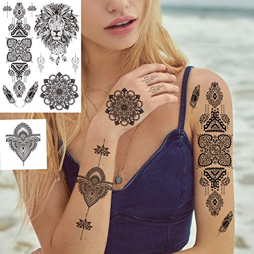 12 Sheets Black Henna Temporary Tattoos For Adults Women Girls, Feather Mandala Flower Body Art Large Big Arm Tattoos Sheet Lace Mehndi Mandala Tattoo #TOP5