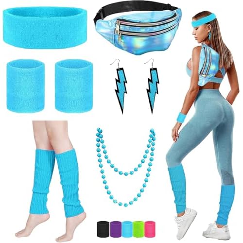9 Piezas Accesorios años 80 90 Mujer , Accesorios Carnaval Mujer 80 Riñonera Deportiva Set, Accesorios Disfraz años 80s 90s para Deporte Fiesta temática Carnaval Navidad Halloween Cosplay(Azul)