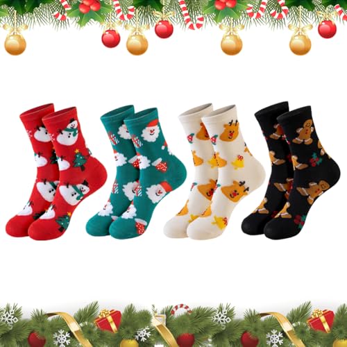 Calzini di Natale, 4 Paia di Calzini con Motivo Natalizio, Calza Natale Divertenti Fantasia, Graziosi calzini Natalizi per Donna e Uomo, Natale Invernali Colorate Calze, Calzi-ni Babbo Natale