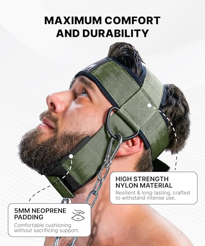 Image of DMoose Fitness Neck Harness for Weight Lifting - Neck Exerciser with 30 inch Heavy Duty Steel Chain - Neck Strengthener to Support Injury Recovery - Adjustable Head & Chin Strap (Military Green)