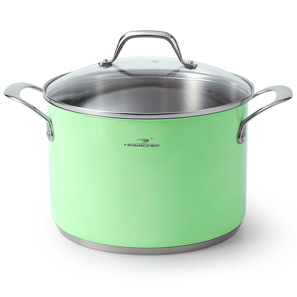 HOMICHEF Marmite 6,6 L Vert Menthe en Acier Inoxydable Sans Nickel avec Couvercle en Verre - 24 CM Marmite à induction à usage intensif sans revêtement non toxique