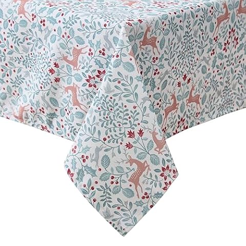 Laura Ashley Dekoracyjny obrus, odporny na zagniecenia, plamy, zalanie, wodoodporny, łatwy w pielęgnacji, poliestrowy, do jadalni, kuchni, na święta i imprezy, okrągły, 178 cm, renifer