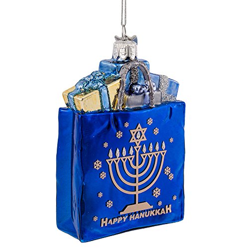 Kurt Adler 4" Noble Gems Happy Hanukkah Glass Gift Bag Ornament, Silver, 4 Inches