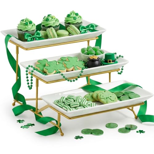 LAUCHUH 3 Tier Serving Tray, Porcelain Serving Platter Tier Serving Stand with Collapsible Sturdier Rack, Serving Trays and Platters Dessert Party Display Set for St. Patrick's Day, Gold, 12 Inch