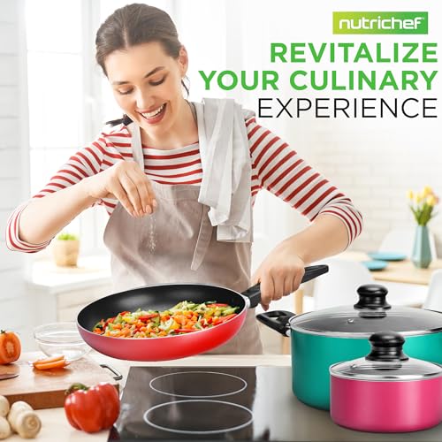 NutriChef 15-Piece Non Stick Kitchen Cookware Set PFOA/PFOS-Free, Colorful Heat Resistant Lacquer w/Saucepot, Frying Pans, Oven Pot, Lids, 5 Utensil - NCCWCOR15 by NutriChef - Image 7
