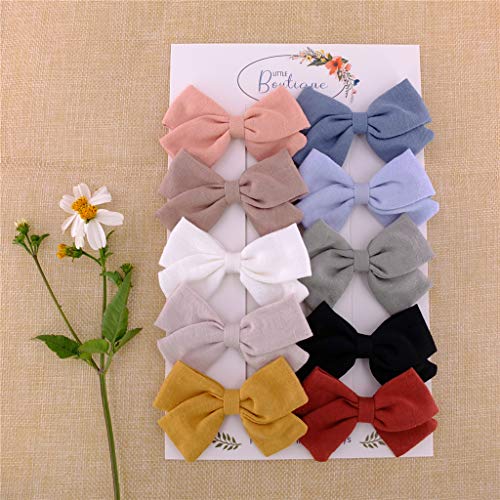 Baby Girls Linen Bow Hair Clips Toddler Infant Fully Lined Clips Little Girls Hair Bow Barrettes White Blue Khaki Accessories Pack Of 10 #TOP1