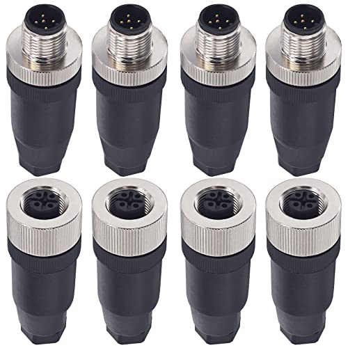 M12 5 Pin Male &amp; Female Socket Panel Aviation Wire Connector,12mm Industrial Circular Connector, Outdoor Waterproof IP67,4 Sets