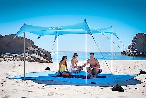 WolfWise UPF50+ Strandzelt mit Sandanker, Sonnenschutz UPF50+ mit Sandschaufel, 3 x 3 m Strandzelt für 4-8 Personen, einfacher Aufbau, Winddicht, Wasserdicht, Blau, Extragroß