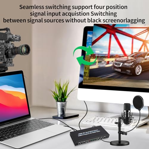 Image of ACHAVE HDMI 4x1 Quad Multi-Viewer with USB 3.0 Capture, 4K Video Converter, 10 Display Modes, Live Streaming Compatible, Black Metallic