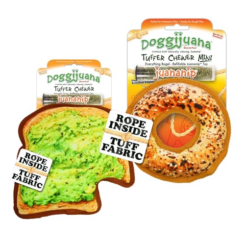 Image of Doggijuana Avocado Toast & Everything Bagel Dog Toy Bundle | 2 Pack | Refillable squeaky plush dog toy + organic calming catnip; eases anxiety, stress & storms; drug-free, hand-harvested