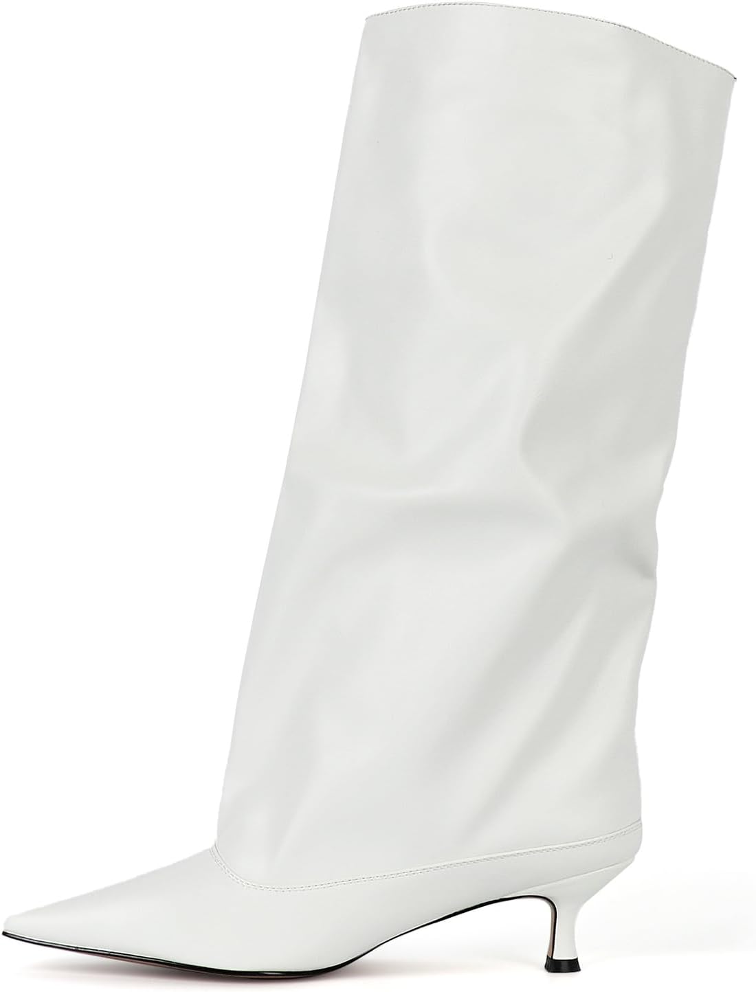 FIFSY Kitten Heel Knee High Boots for Women Pointed Toe Slouchy Boots Fold Over Wide Calf Tall Boots Low Heel Fashion Booties with Pocket