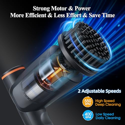 Image of Electric Spin Scrubber,Cordless Shower Scrubber with LCD Display,Upgraded Motor 400 /550RPM,2 Speeds Electric Scrubber with 6 Replaceable Heads,Handheld Cleaning Brush for Kitchen /Bathroom /Tile /Tub