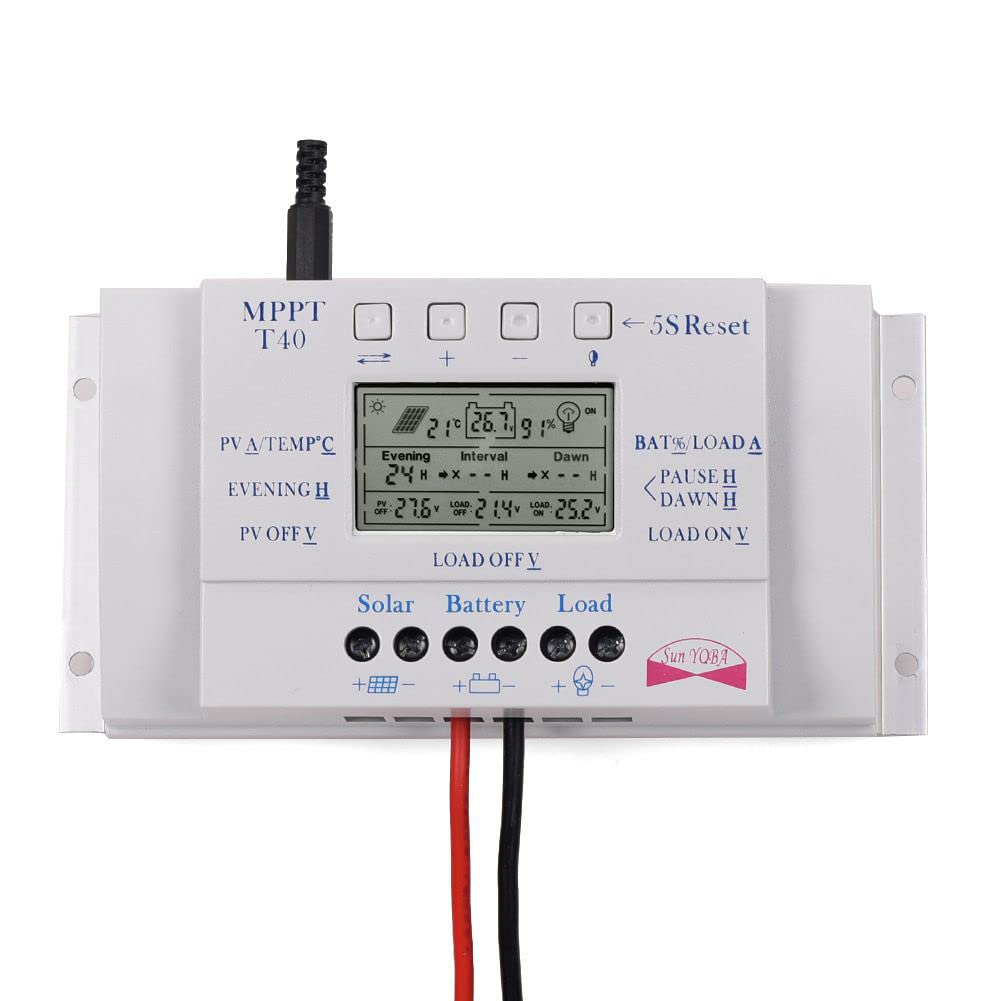 Regulator ładowania słonecznego 40 A MPPT, regulator paneli słonecznych MPPT, 12 V/24 V, automatyczna identyfikacja napięcia, inteligentny regulator z wyświetlaczem LCD - T40