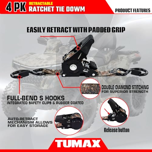 TUMAX 2-Pack Retractable Ratchet Tie Down Straps, 1