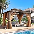 Aoxun 10x12 Gazebo Outdoor Hardtop Gazebo with Double Galvanized Steel Roof Metal Frame Pavilion with Breathable Netting and Privacy Curtain for Backyard (Brown)