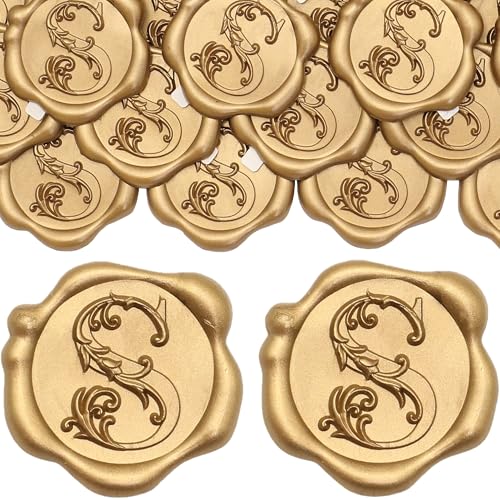 SWANGSA Initial Alphabet Wax Seal Stickers, 50 Pcs Antique Gold 3D Floral Letter S Envelope Seal Stickers Self- Adhesive, Perfect for Wedding Invitation, Christmas, Gift Wrapping