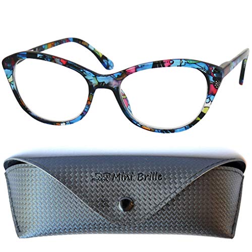 Cateye Blaulichtfilter ohne Sehstärke mit GRATIS Brillenetui, Kunststoff Brillengestell Bunt (Blumen Muster Blau), Anti Blaulicht Gaming Brille ohne