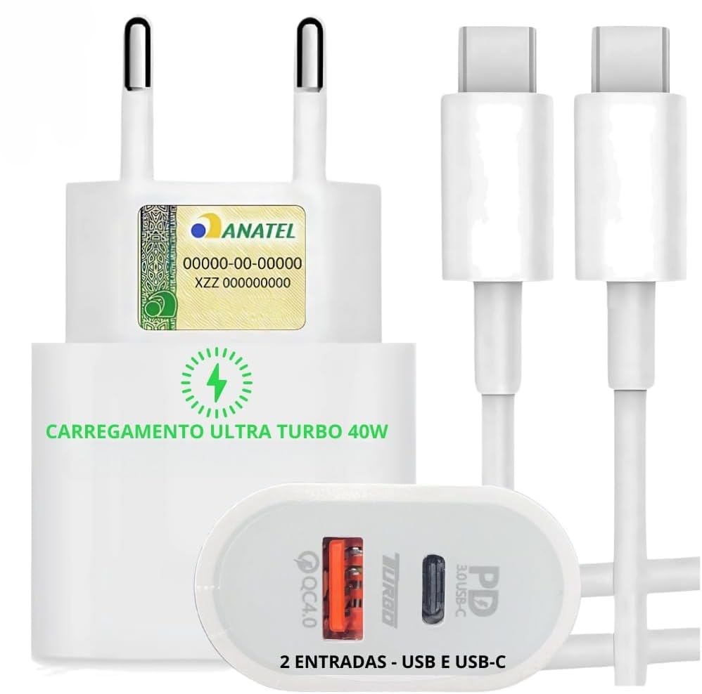 Kit Carregador Super Turbo 40W Porta Dupla (USB-A + USB-C) + Cabo...