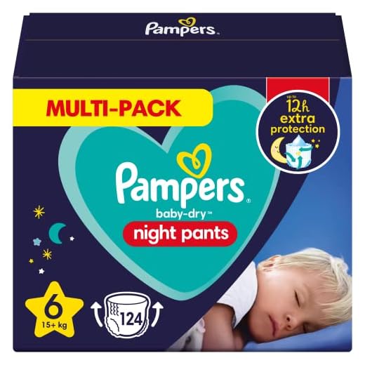 Pampers Baby-Dry Night Blöja Byxor Storlek 6, 124 Blöjor, 15 kg+, Pampers Nattbyxor Erbjuder Extra Skydd Hela Natten