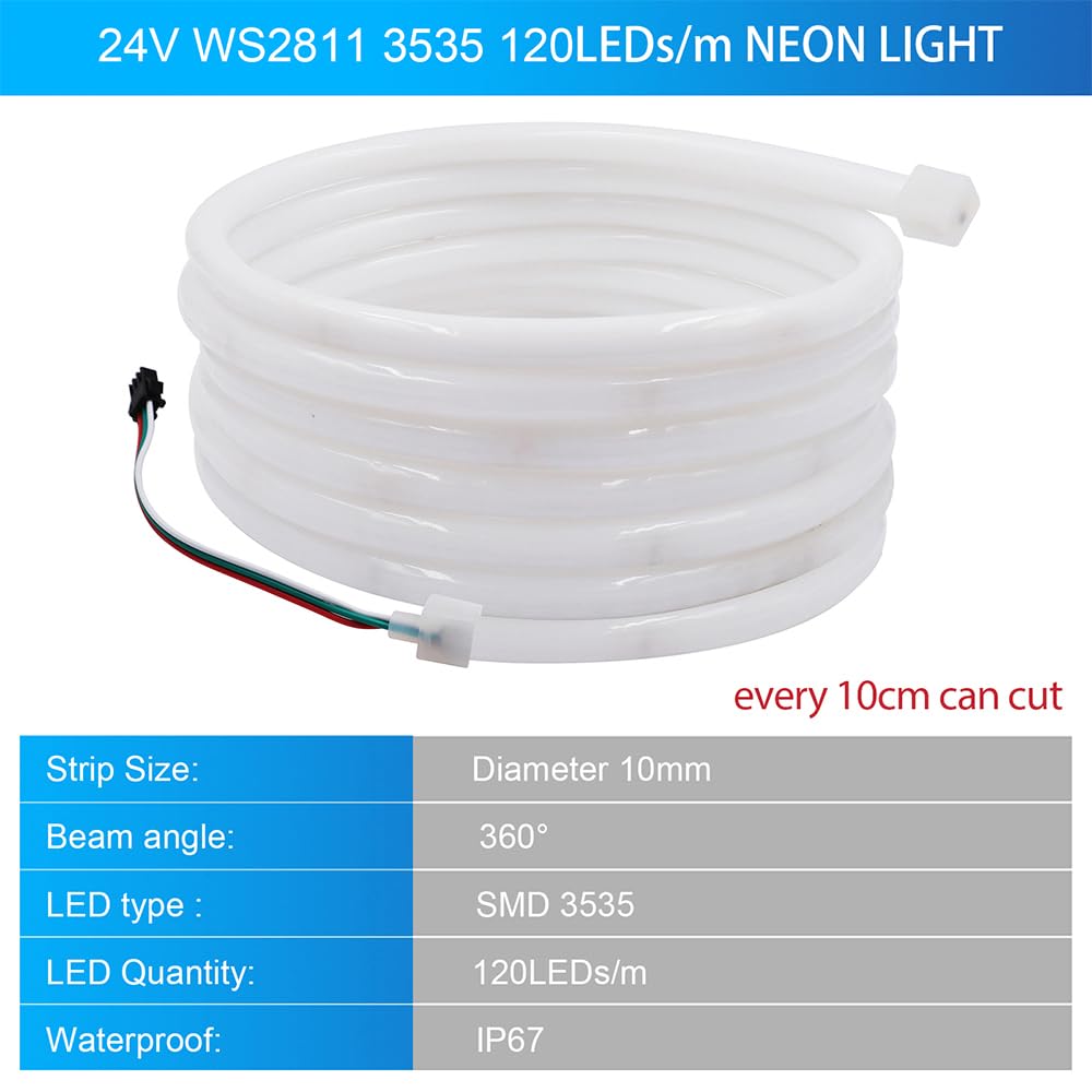 KISUFU 24V WS2811 RGB Tira de Luces LED de Neón, 360 Grados Tira LED Neón SMD 3535 120LED/M IP67 Impermeable con 24 keys Wifi Music Control, Flexible Cinta LED para Bricolaje Fiesta Decoración.