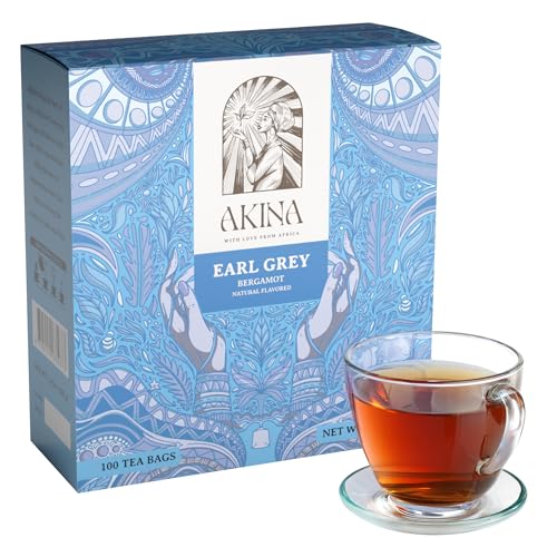 AKINA - Earl Grey Flavored Black Tea Bags, Individually Wrapped, String and Tag Kenyan Earl Grey Tea Bags, Bold and Citrusy with Invigorating Aroma (Box of 100) (200g)