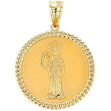 10k Yellow Gold Santa Muerte Grim Reaper Cuban Link Frame Medallion Pendant