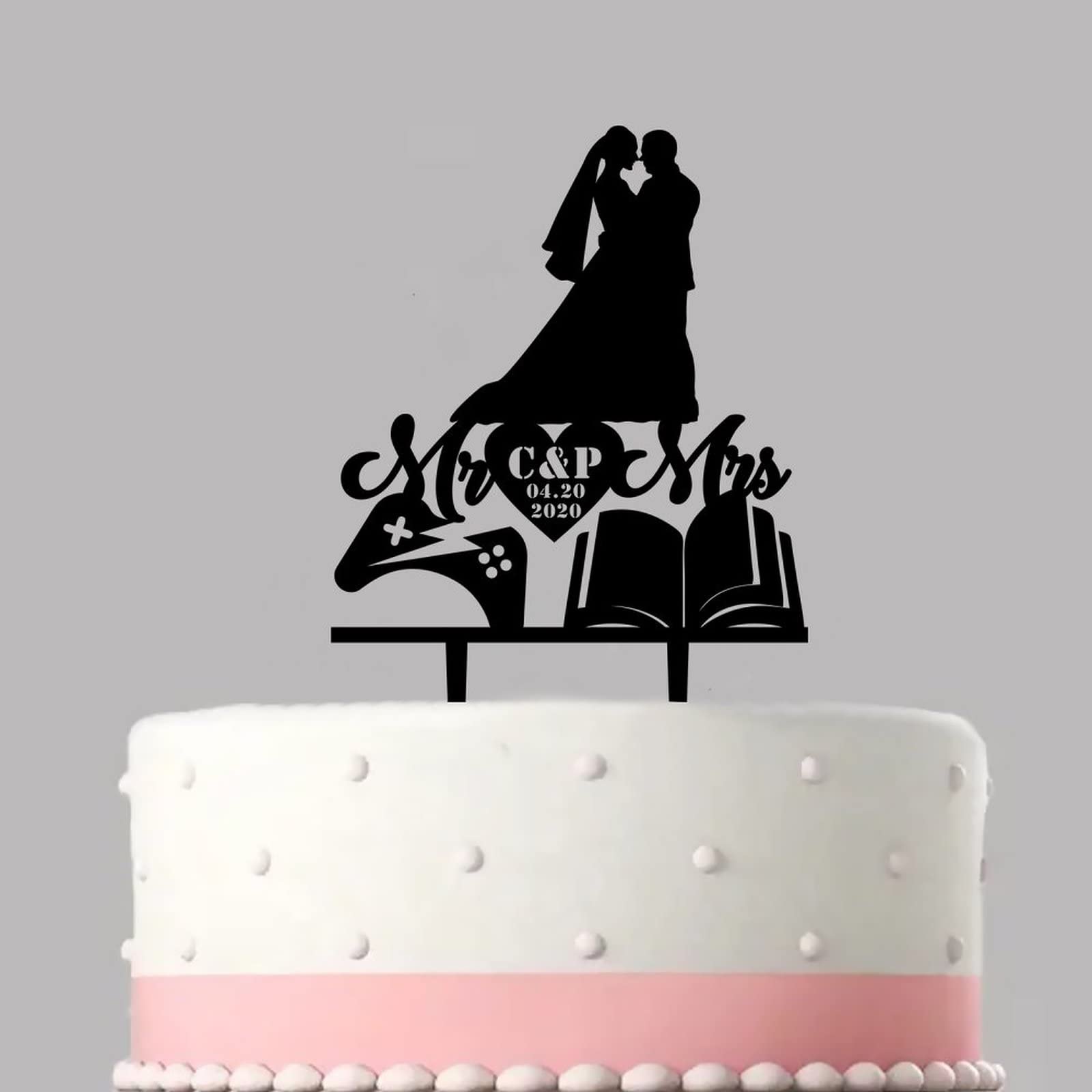 Personalized Wedding Cake Topper - Acrylic Bride & Groom Silhouette, Custom Mr & Mrs Calligraphy, 6" Height - View #3
