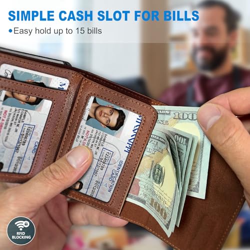 Image of miyozi Wallet for Men,with Cash Pocket 2 ID Window 9-13 Cards,Metal Case Smart Slim Pop Up Credit Card Holder Flip with Magnetic Closure RFID Blocking Trifold wallet with Gift Box