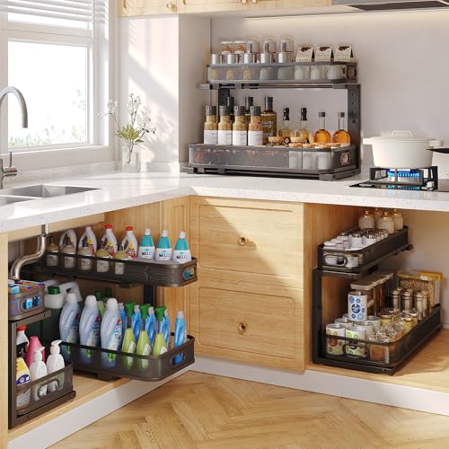 Image of 2 Pack 21.3IN-Depth Under Sink Organizer with Smooth Cylindrical Rail,2-Tier Pull Out Multi-Purpose Cabinet Storage for Bathroom&Kitchen,Height Adjustable,Rust-Resistant Coating-Black