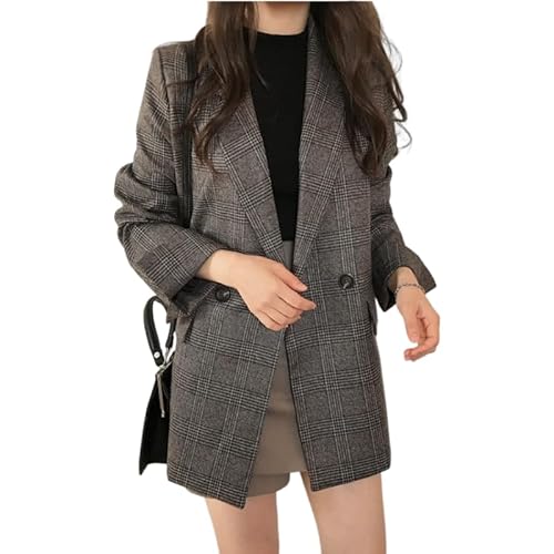 [LIKE FIRY] レディース テーラードジャケット グレンチェック チェック柄 薄手 ミドル丈 ゆったり カジュアル アウター オフィス 就活 大きいサイズ 春 秋 冬（ブラウン/XL）