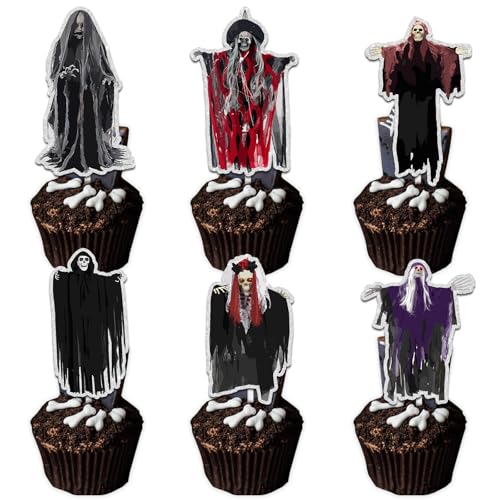 Scary Zombie Skeletons Dessert Cupcake Topper Pick for Fantasy Horror Halloween Party Theme Decor Supplies Men Women Boys Girls Happy Birthday Party Decoration 18pcs Glitter
