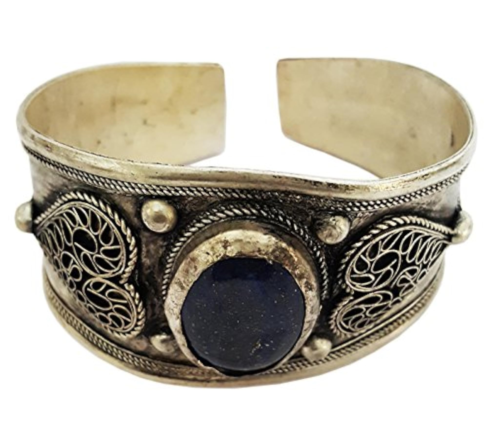 Tibetan Oxidized Lapis Lazuli Adjustable Open Cuff Bracelet