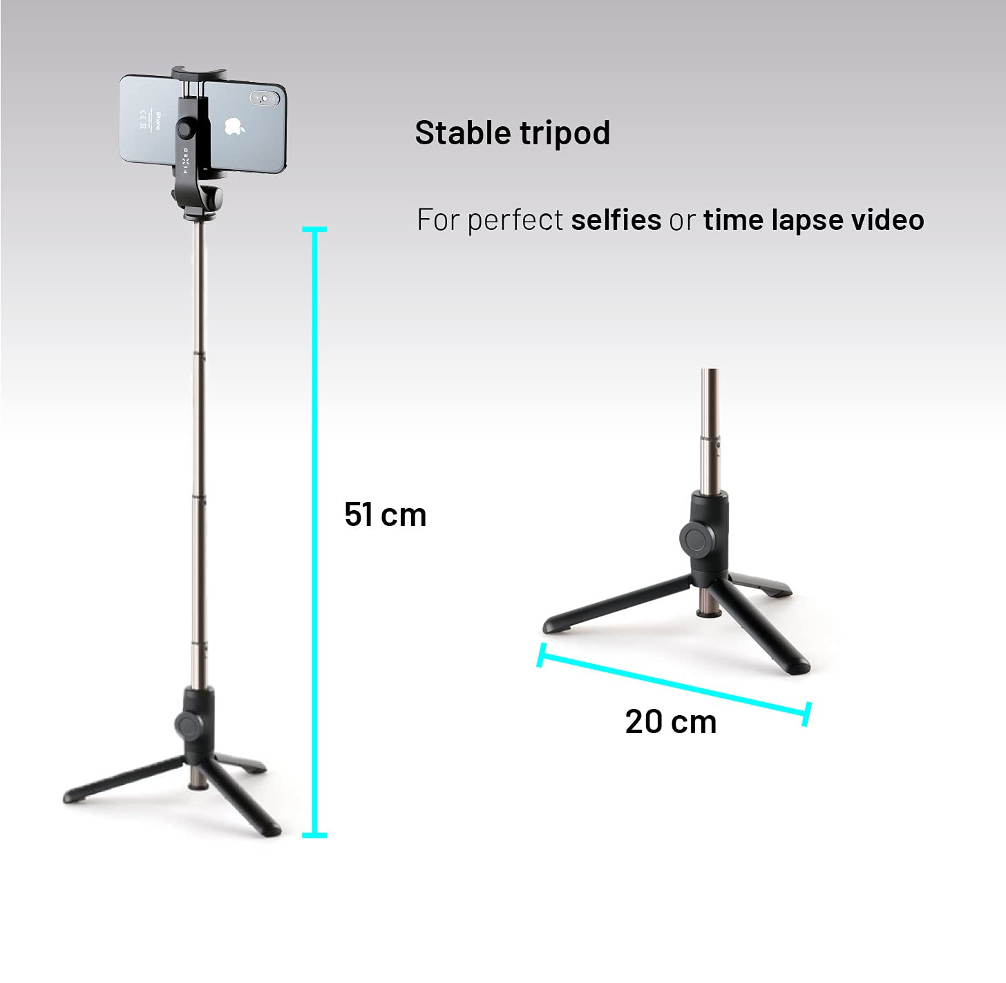 FIXED Snap Lite Selfie Stick – Treppiede per telefono con grilletto wireless – Asta telescopica in lega di alluminio 56 cm con testa girevole a 360 gradi – Ideale per vacanze, viaggi