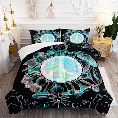 Image of AILONEN Mushroom Comforter Set - Queen Size, 3D Neon Bedding Set, Sun and Moon Comforter Sets, Cartoon Mushroom Duvet Set - 3 Pieces, 1 Quilt and 2 Pillowcases