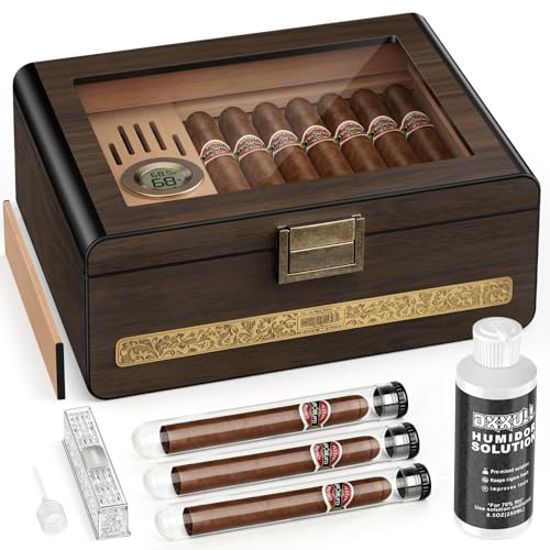 DXXULL Cigar Humidor Cedar Wood Humidor Cigar Box Glass Top Desktop Cigar Case with Hygrometer Humidifier Divider Dropper Desktop Humidors with Sealed Freshness 25-35 cigars Humidor Gifts for Men