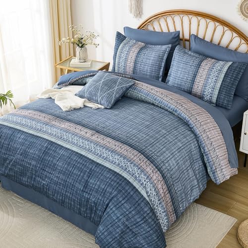 Image of Dintszyayue Blue Comforter Set Cal King Size, 8 Pieces Boho Striped Bed in a Bag Soft Microfiber Bedding Set for All Season