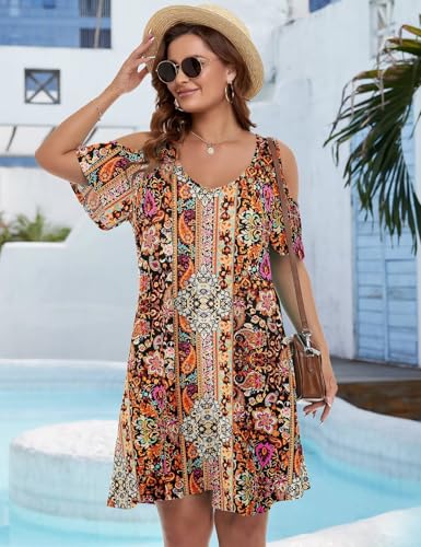 Image of JollieLovin Womens Plus Size Short Sleeve Cold Shoulder V Neck T-Shirt Dress with Pockets