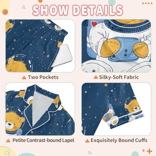 senya Bear Astronaut A Satin Summer Pajama Sets Silk Short Sleeve Button Down Sleepwear3