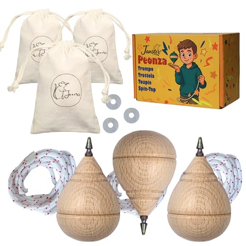 3 Peonzas Niños + Cuerda Peonza +Arandelas+Bolsas | Peonza Madera Set |Trompo de Madera Tradicional |Regalos Originales | Juguetes educativos 6 años |Set de 3 Punta boli y Accesorios completos