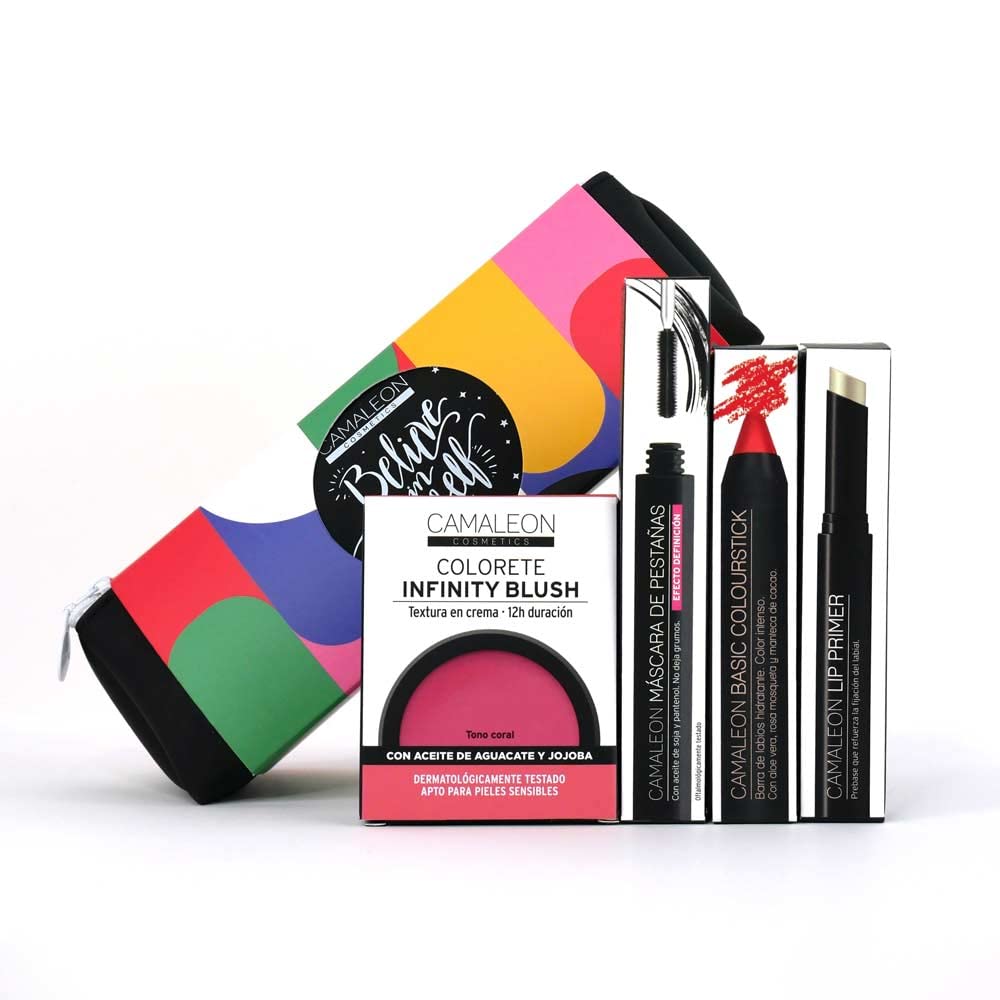 Camaleon Cosmetics - MakeUp Paris - Imprescincibles - Máscara de Pestañas Definición, Pintalabios Mate Basic Rojo, Primer fijador Labios y Colorete Rosa sueve - Neceser de regalo - Vegano.