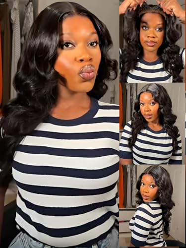 Image of KLAIYI Loose Body Wave Glueless Bouncy Curls 180% Density Bye Bye Knots Precut 7x5 Lace Front Wigs Human Hair Drawstring Pre Plucked Bleached 3S Ready to Wear and Go Wig with Face Framing Bangs 14Inch