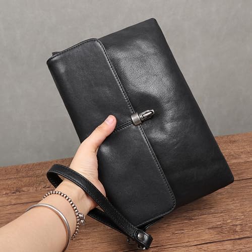 Plant-tanned Cowhide Men's Clutch Bag, Leather Wrist Strap Clutch Bag, Black Zipper Casual Clutch Bag.4
