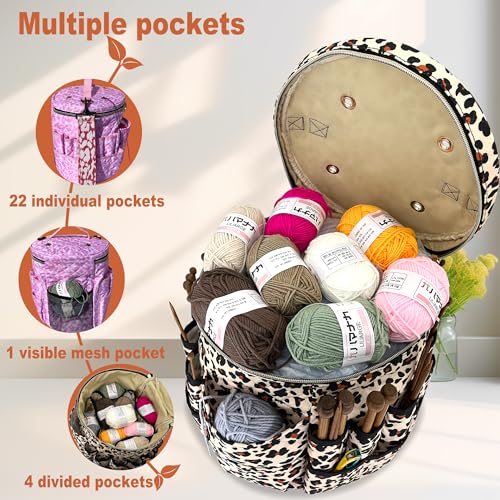 Image of Crochet Bag Storage for Yarn - Durable Knitting Project Organizer with Multiple Pockets Removable Strap - 26L Quilted Craft Tote for Hooks Needles and Accessories - Gift for Knitters and Crocheters